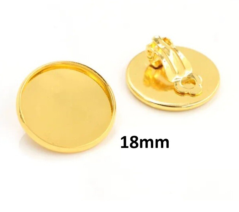 10 pcs. Gold Tone Earring Clips Settings Hinged Bezels Cabochons - 18mm Glue Pad