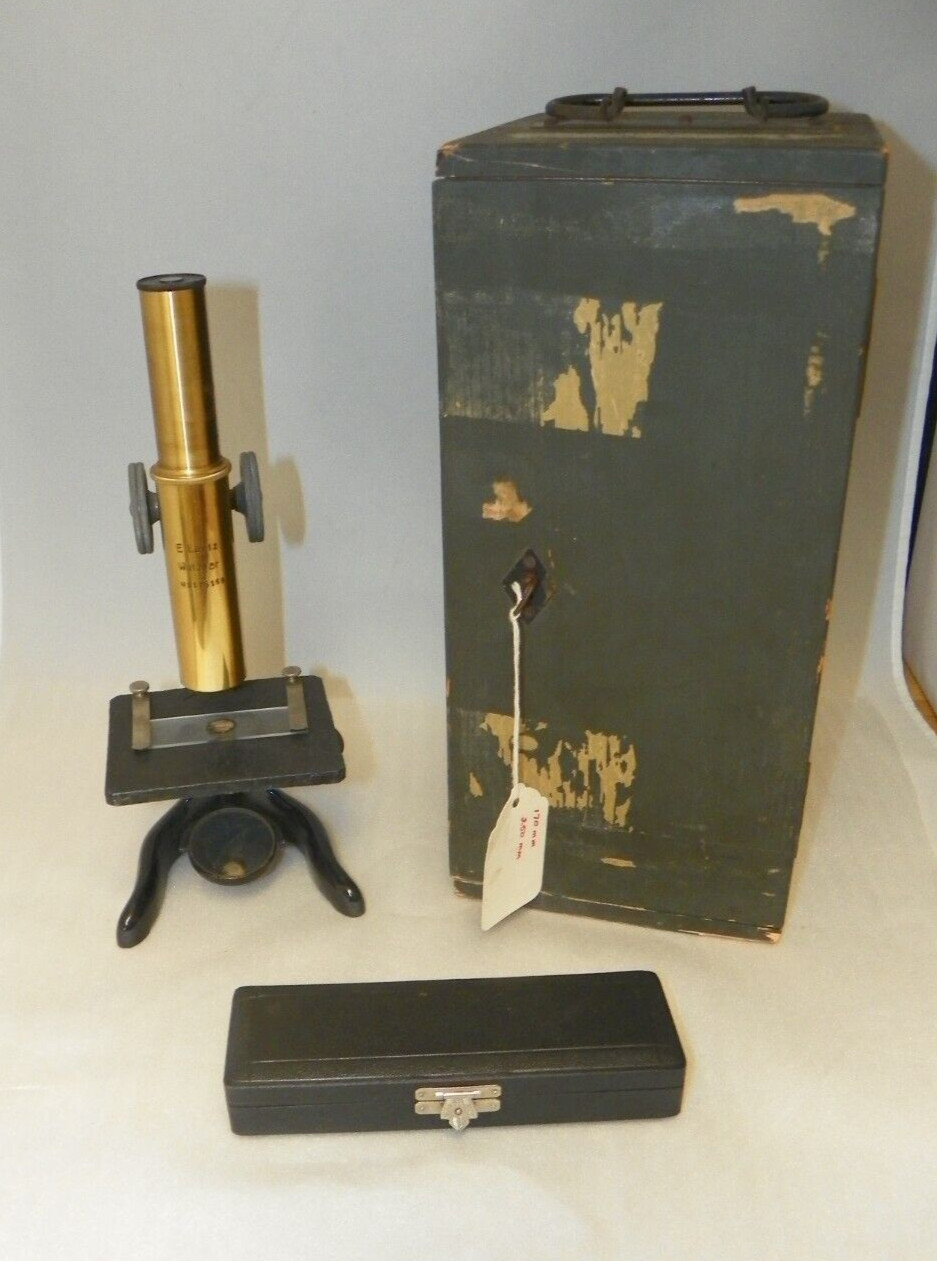Antique Brass Microscope E. Leitz Wetzlar Germany w/Instruments Wood Box Key