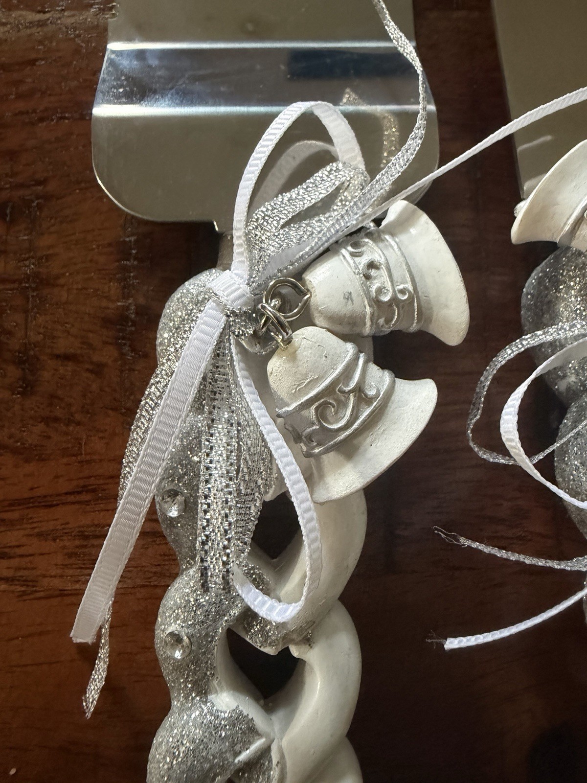 edding Cake Knife & Server Set White Heart Handles Bells Ribbon