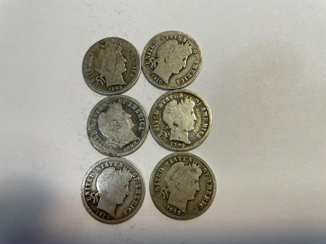 Lot of 6 Barber dimes all different dates 90% silver