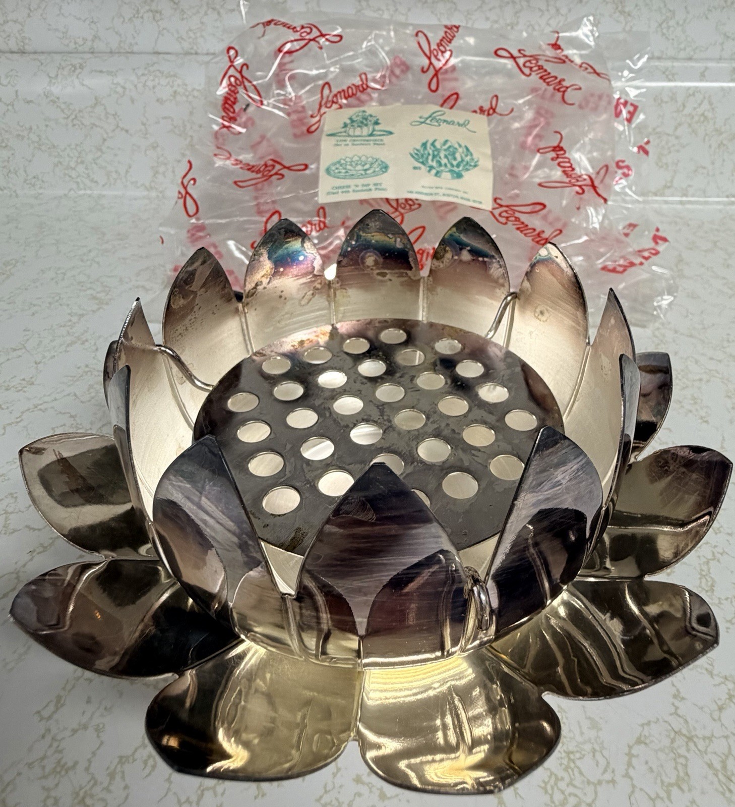 Leonard Lotus Bowl Centerpiece 3 Piece Set Made In Italy Silver Flower Frog