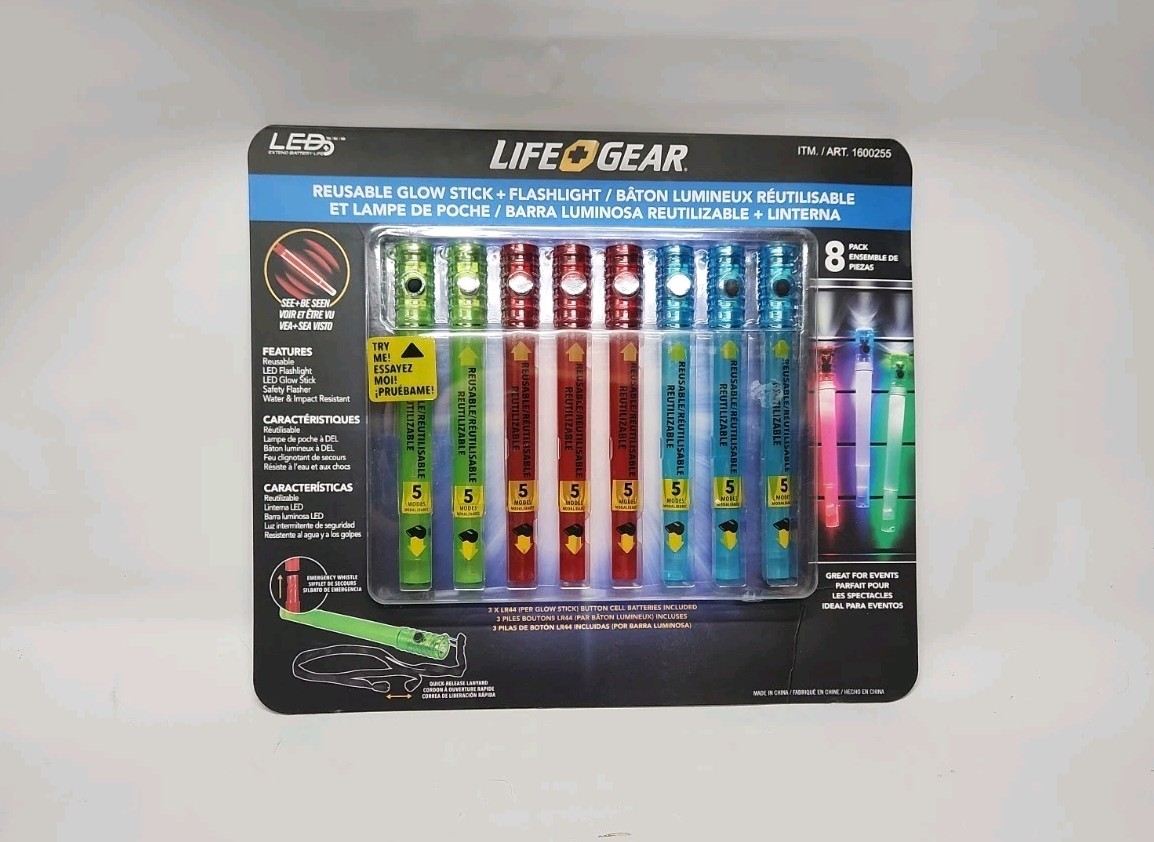Life Gear Reusable Glow Stick & Flashlight, LED 8 Pack & Lanyard - New in Pack!!