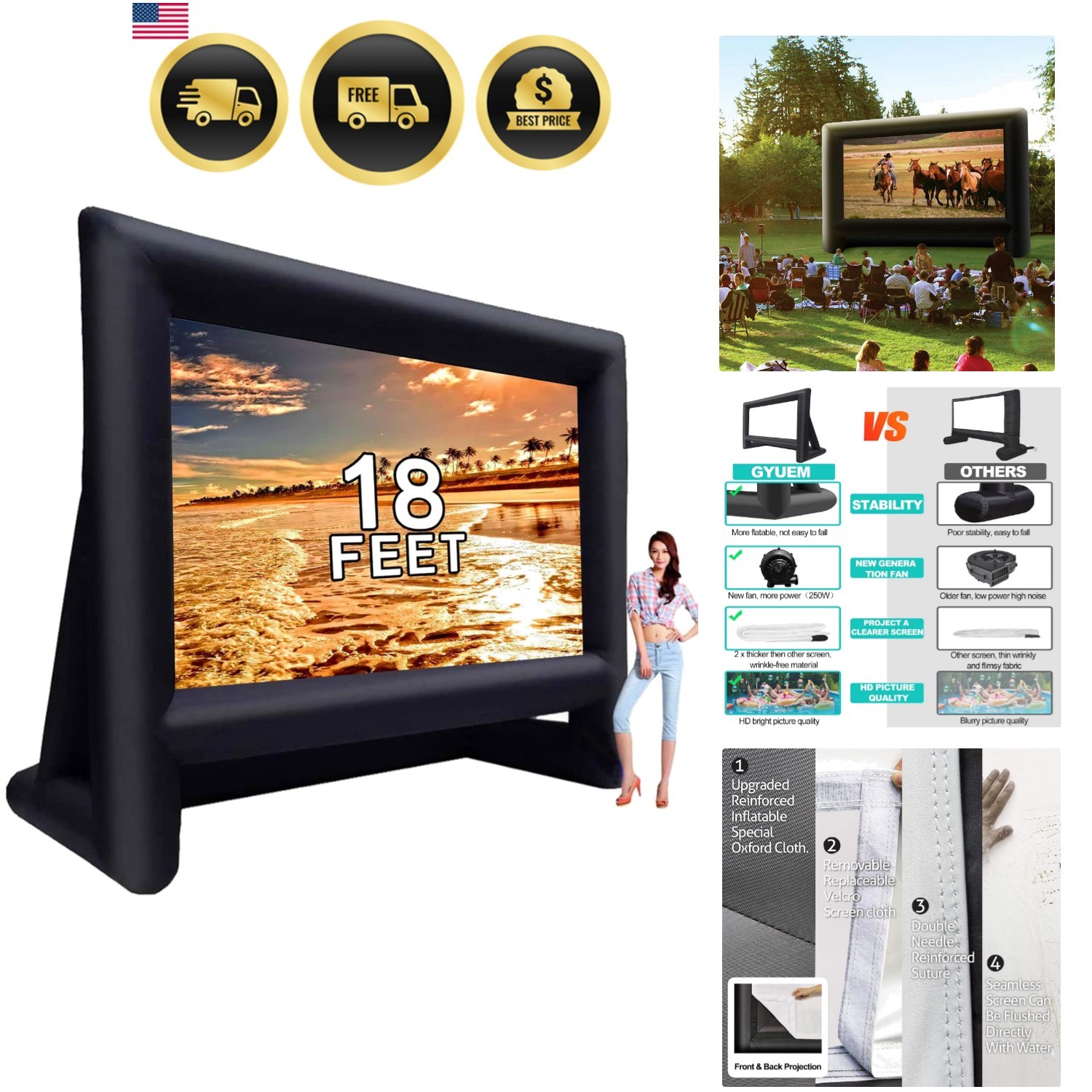 Inflatable Outdoor Movie Screen 18ft Portable Double-Sided Projection Water-r...