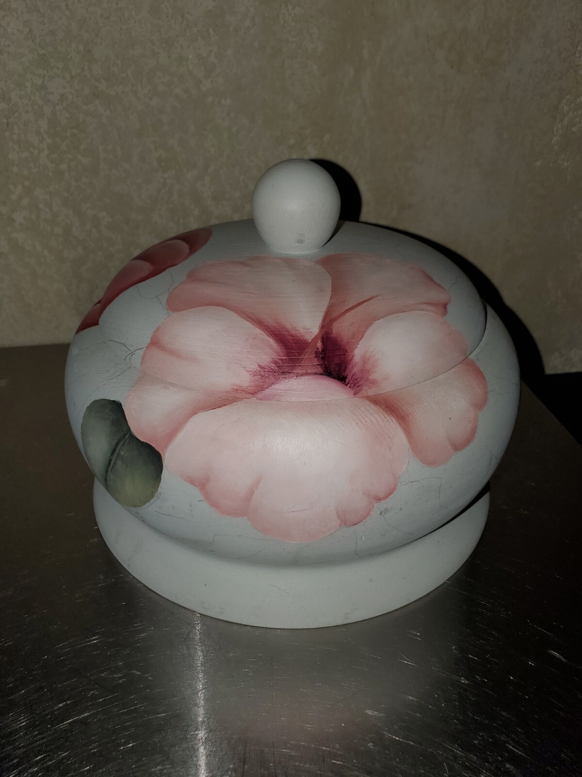 Stunning Wooden Lidded Dish Handpainted With Florals