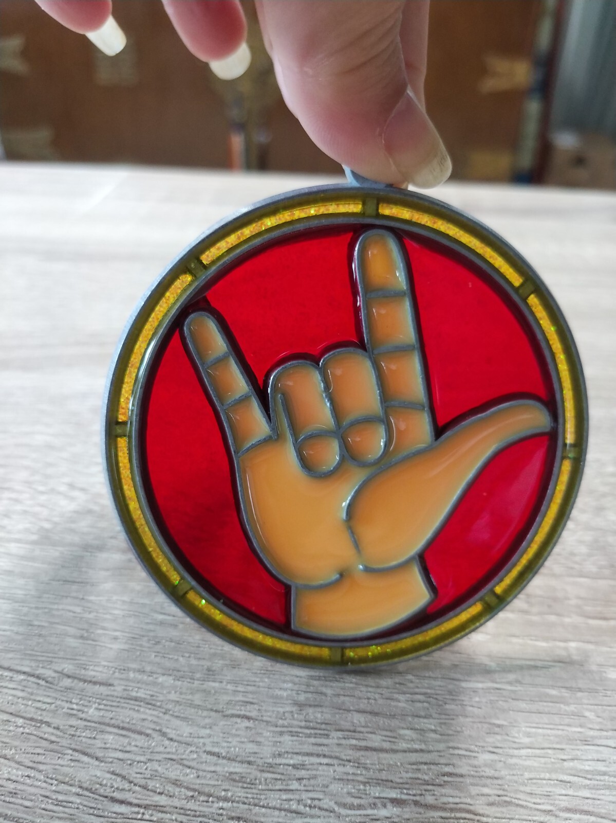 vintage 1980s suncatcher. HANG LOOSE hand sign