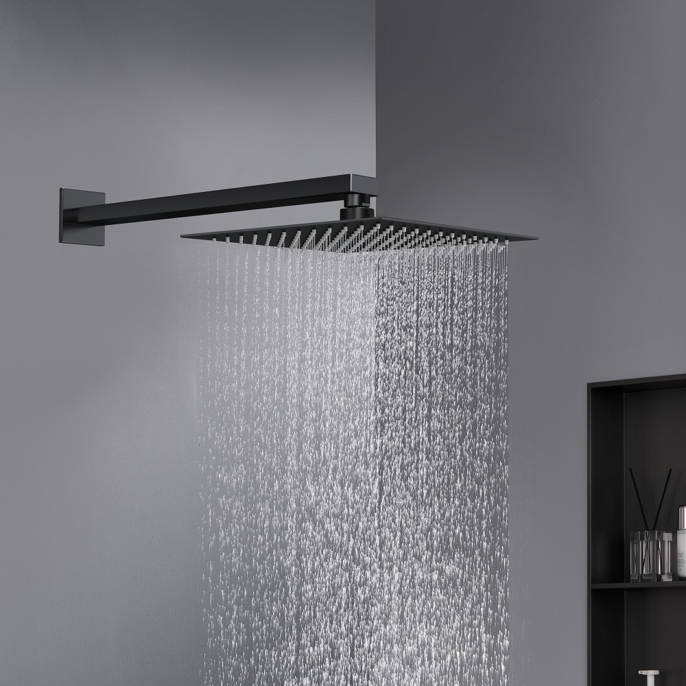 12" Ultra Thin Black Rain Shower Head 304 Stainless Steel Square Waterfall Style