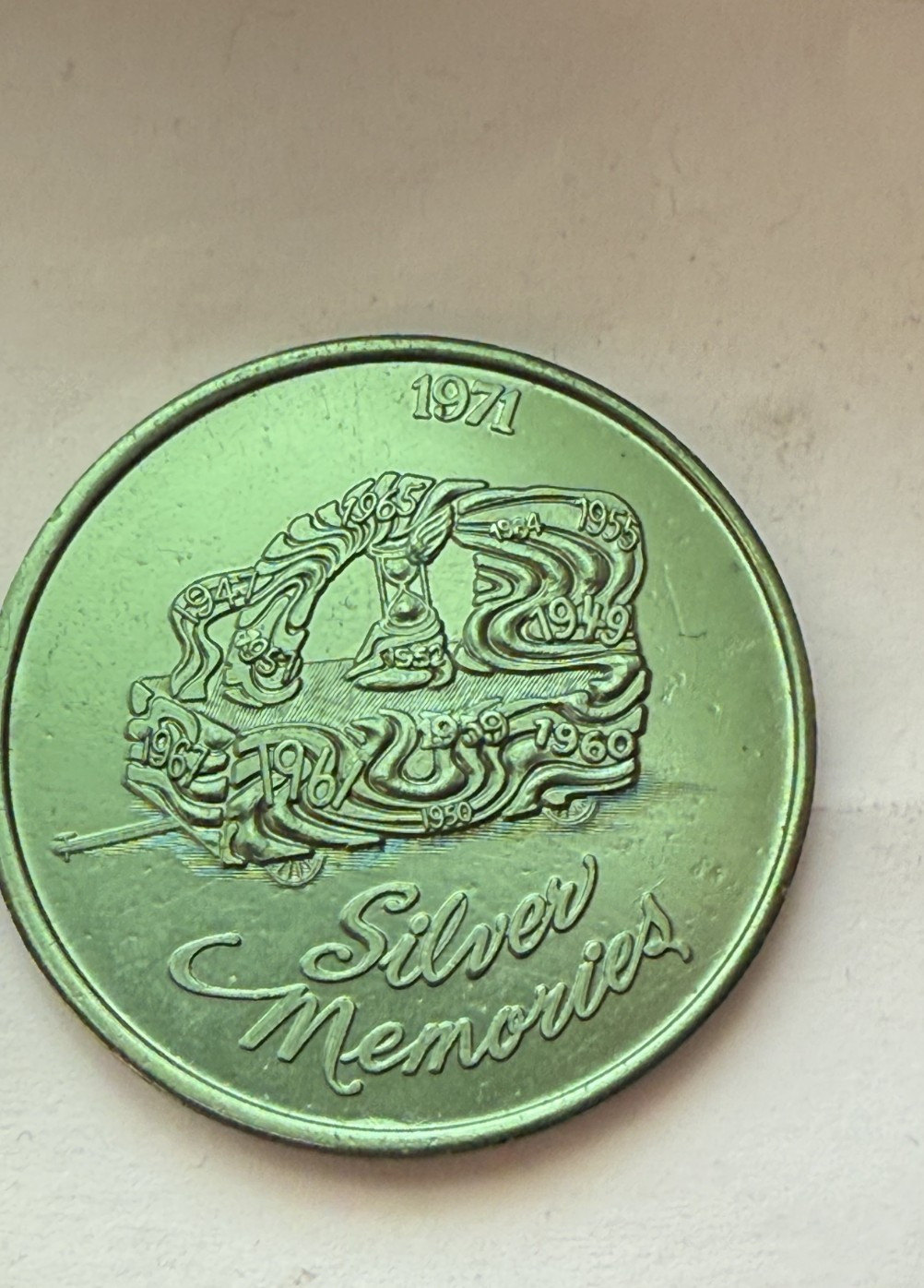 Krewe Of Carrollton Green Aluminum 1971 Doubloon, Silver Memories