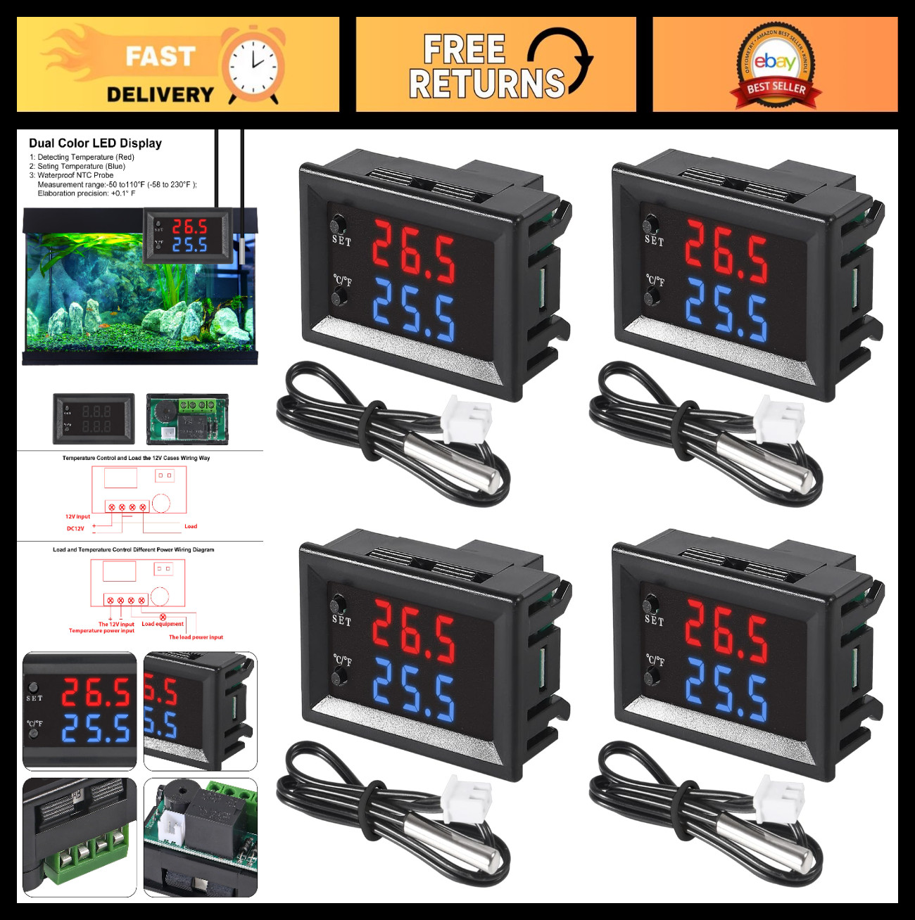 4pcs Programmable DC 12V Temperature Controller -50 to 110℃ Thermostat Switch, N