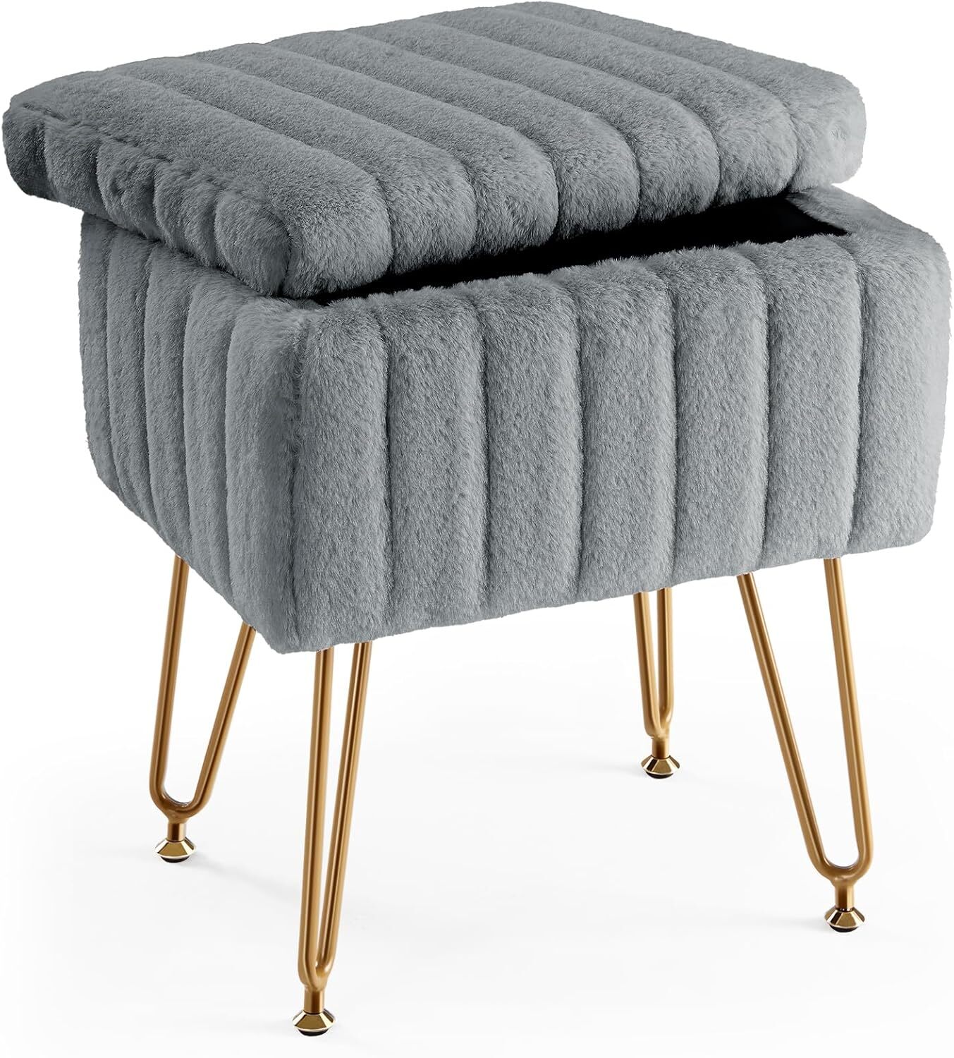 Soft Padded Vanity Stool Chair Storage Ottoman Faux Fur Makeup Footstools Seat