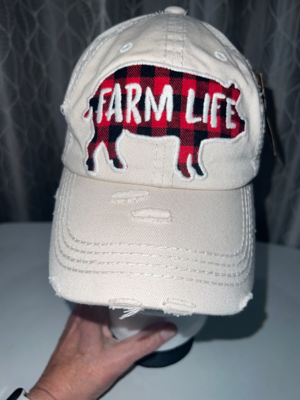 Farm Life Red Plaid Pig embroidered white distressed Hat Cap Hook Loop-Tag EUC