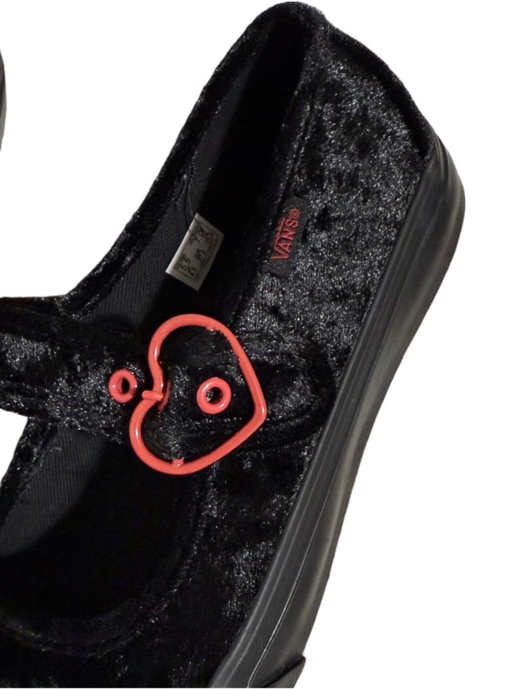 Vans Black Velvet Mary Jane Shoes with Red Heart Buckle