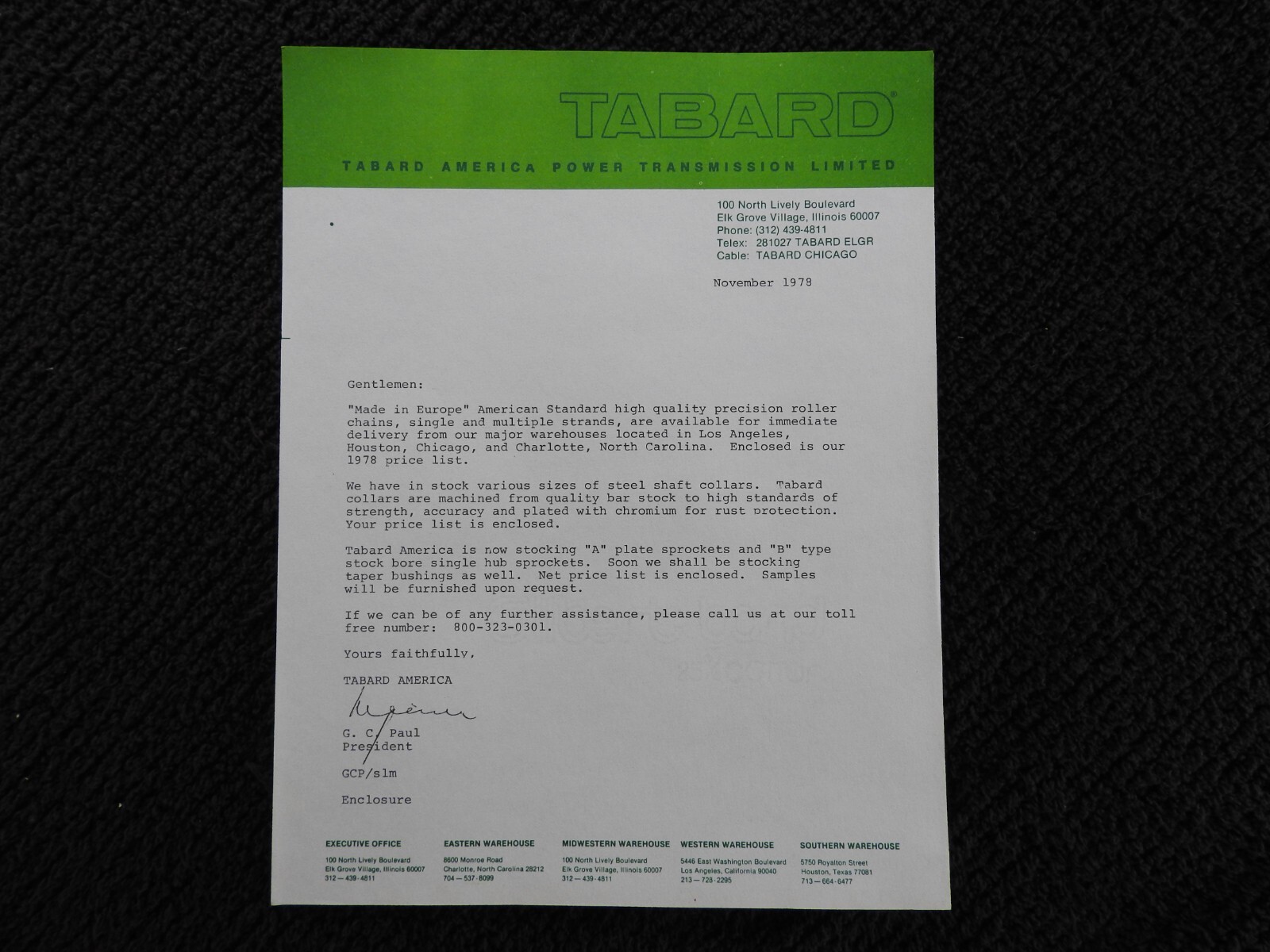 1978 Tabard Transmission ROL Chain Elk Grove Village IL Literature Signed Letter