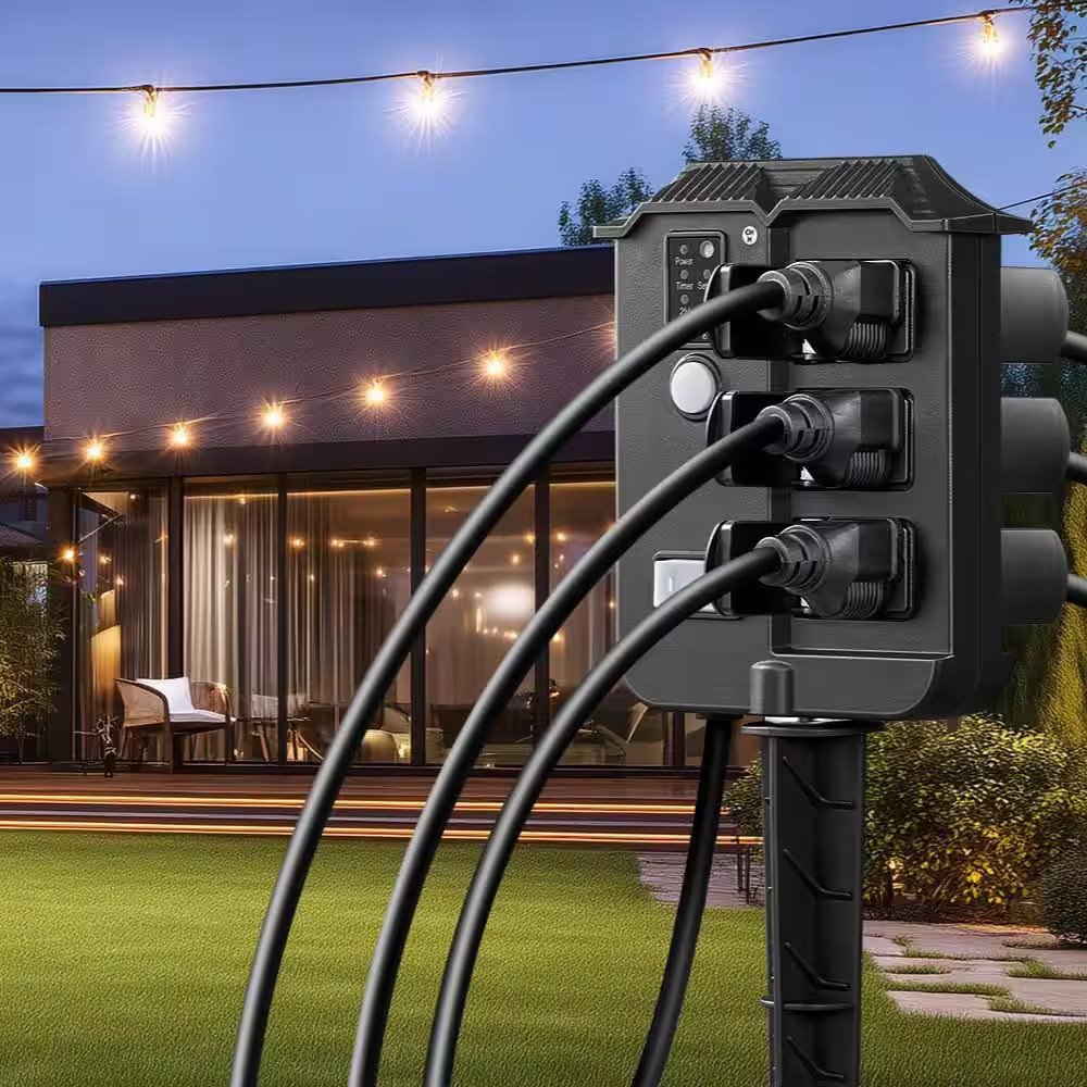 Outdoor Power Stake Light Timer with 6 Grounded Outlets, 13A 1625W, 6 Ft. Extens