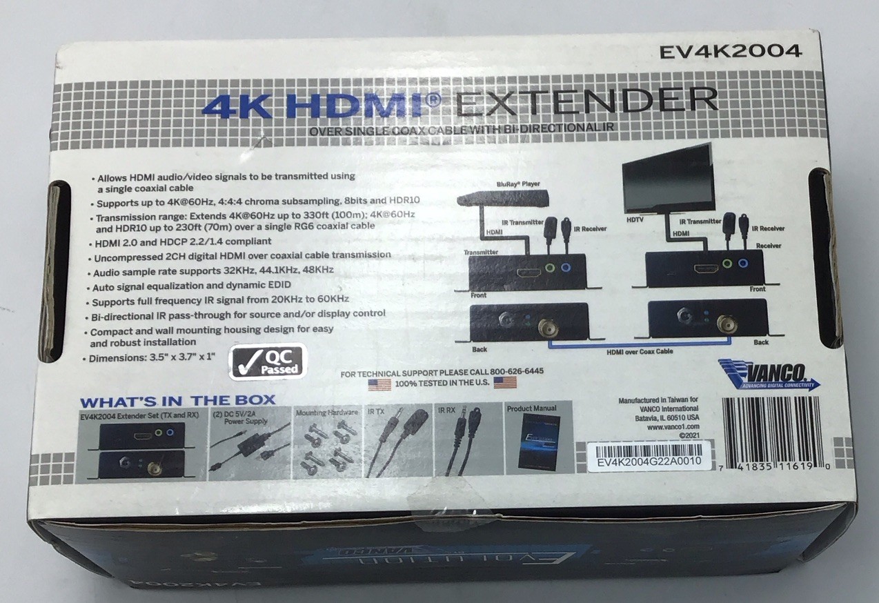 New Vanco Evolution EV4K2004 4K HDMI Extender over Single Coax Cable W/IR u566