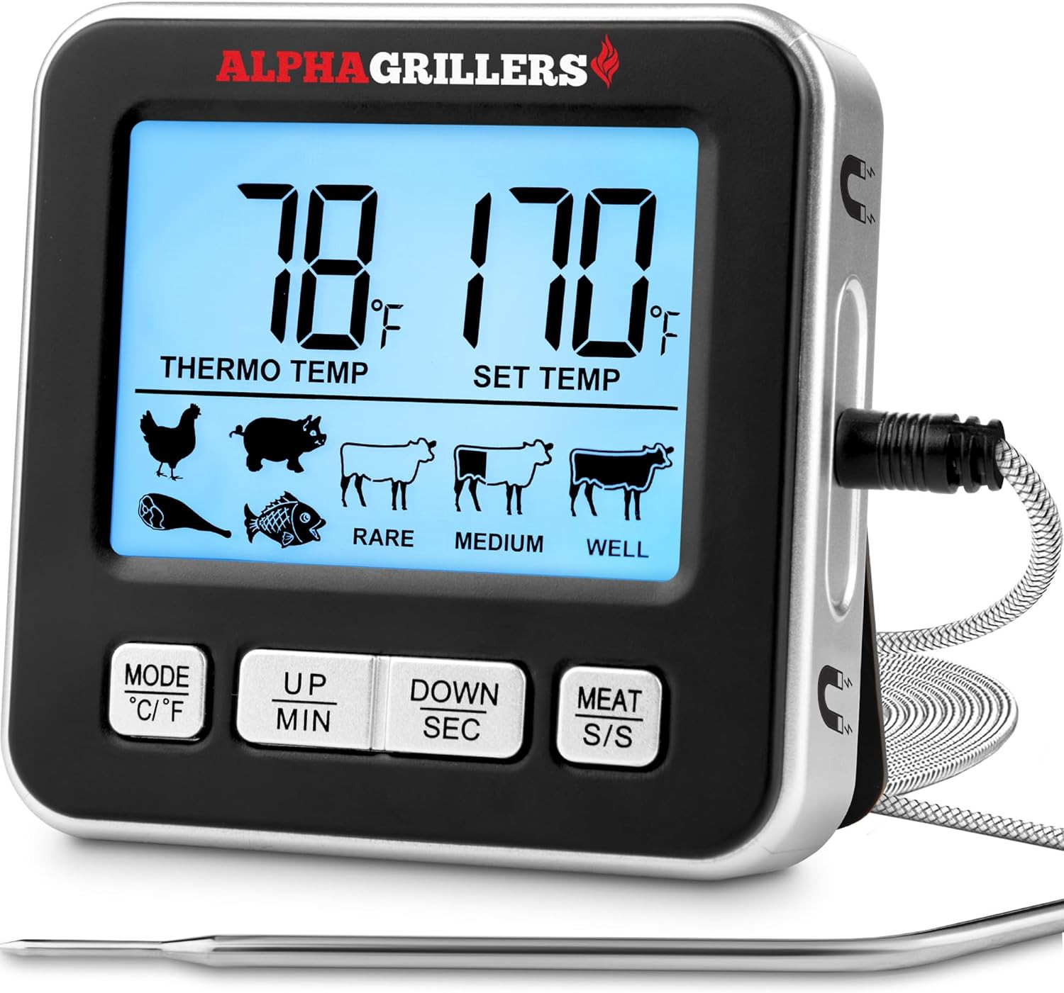 Digital Food & Meat Thermometer w/ Probe, 7 Preset Temps, Timer for Oven & Grill