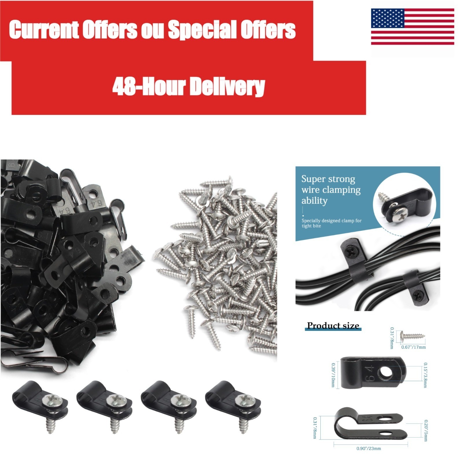 100 Pcs 1/4 in Black Nylon Cable Clips R-Type Wire Management Screws