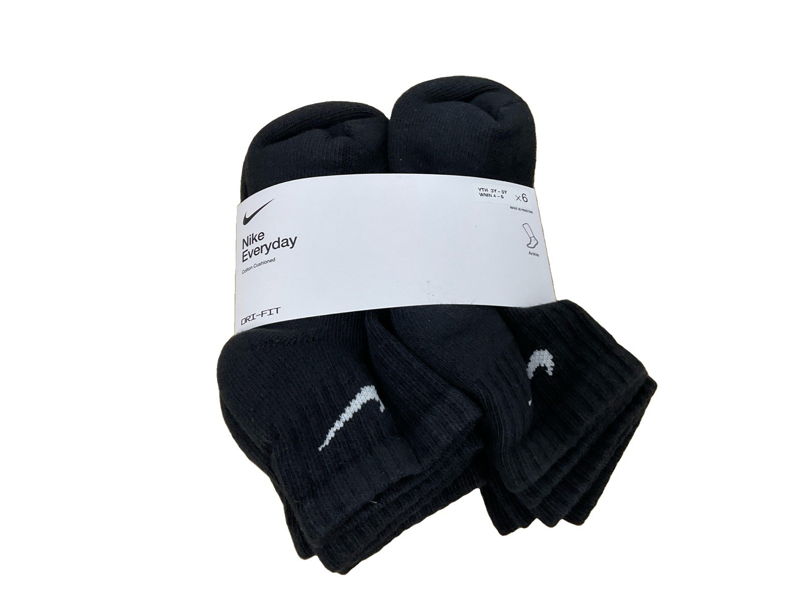 Nike Everyday Youth Ankle Socks, 6 Pack Black, Size 3y-5y
