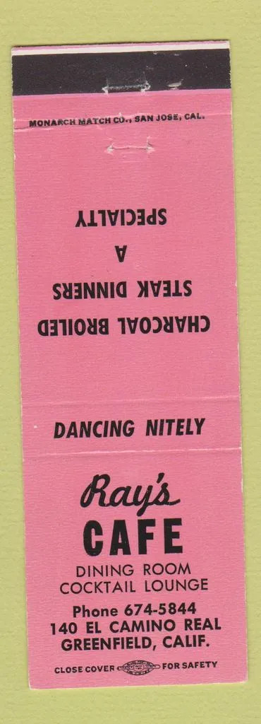 Matchbook Cover - Ray's Cafe Greenfield CA
