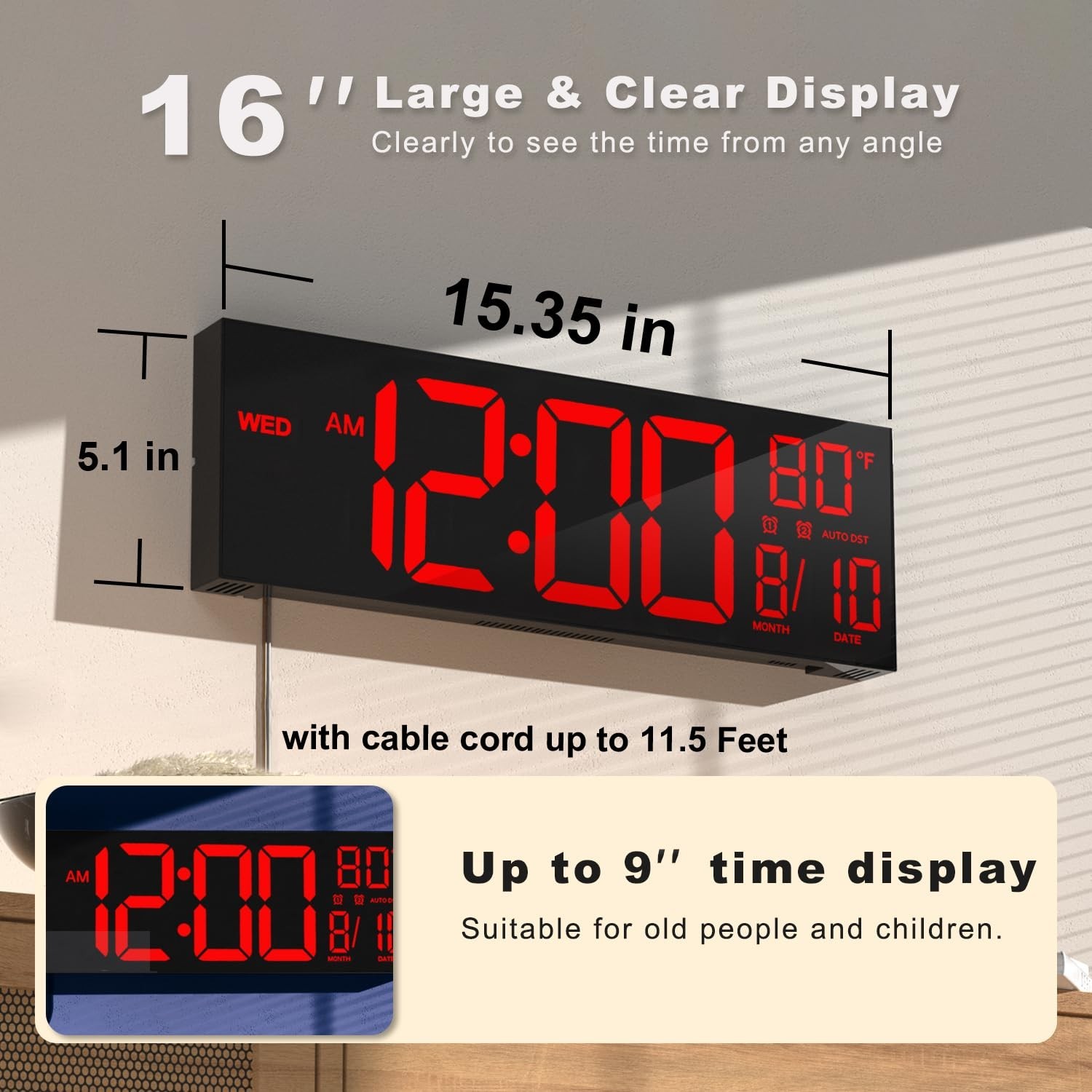 JALL 16" Large Digital Wall Mount Clock, Count Down Timer, Alarm, Big LED, DS...