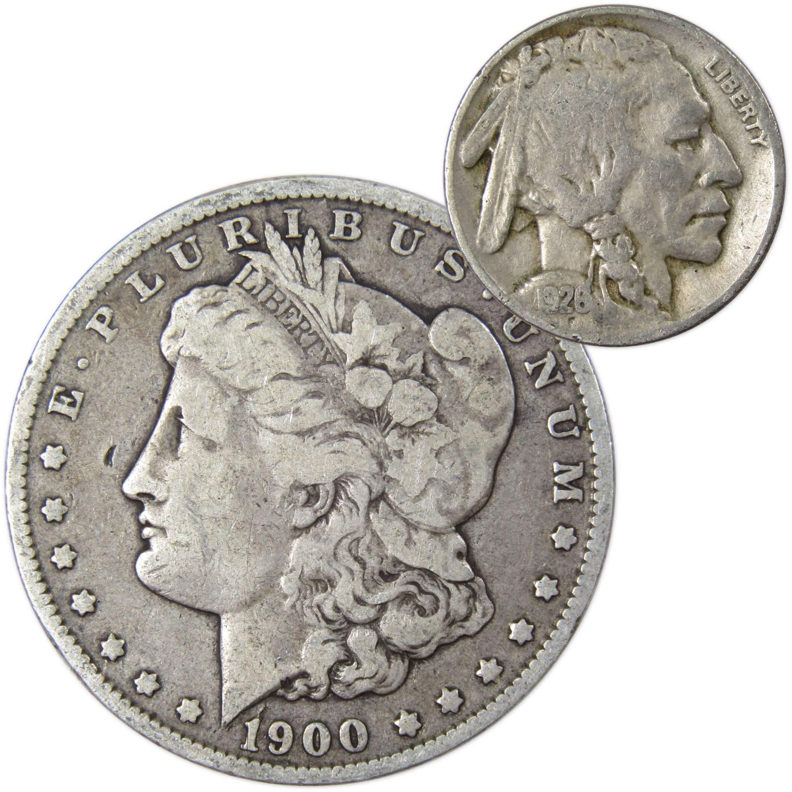 1900 O Morgan Dollar VG Very Good 90% Silver with 1926 Buffalo Nickel F Fine