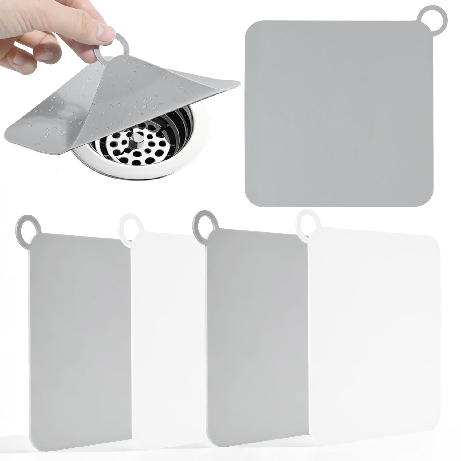 4-Pack Silicone Floor Drain Covers, 6x6 Inch Anti-Odor Mats Grey, White