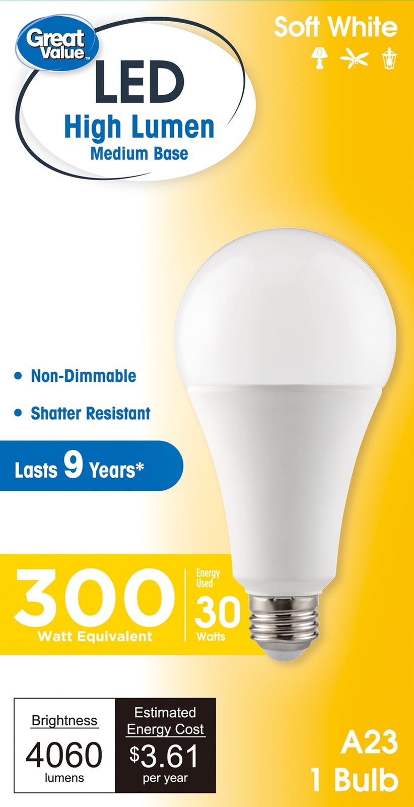 (2 pack) High Output A23 LED Light Bulb, 30-Watt (300W Equivalent), Soft White