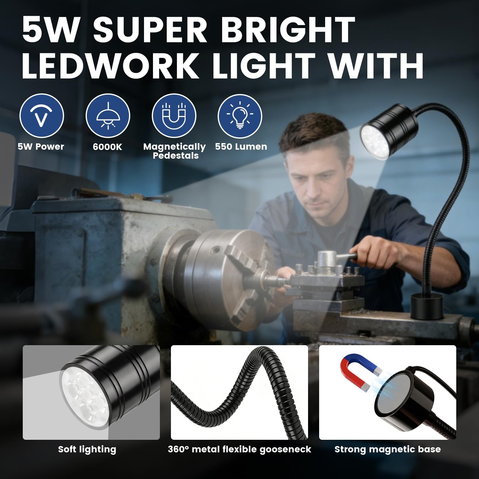 5W Magnetic Work Light,6000k Machine LED Work Light with Flexible Gooseneck a...