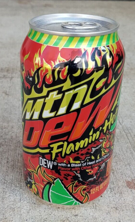 1 Full 12oz ~ FLAMING HOT ~ Mtn Dew w/ Blast of Heat & Citrus Flavor (my id: d)