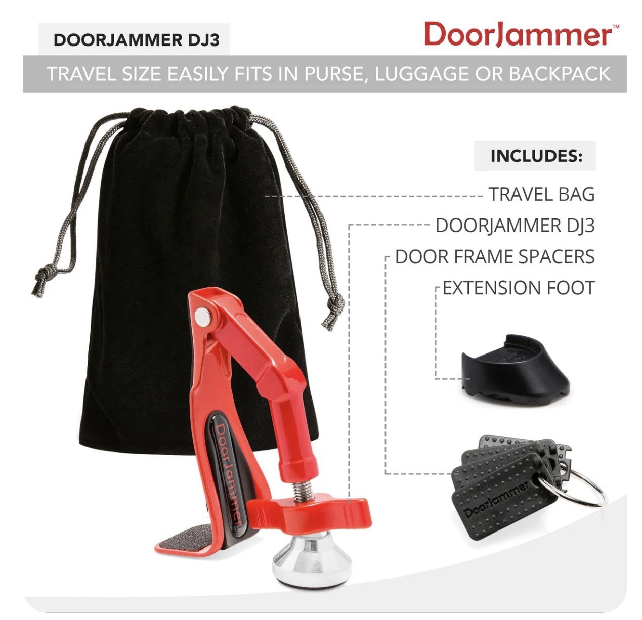 DoorJammer DJ3 Portable Door Jammer Red w/ Travel Bag, Spacers, Extension Foot