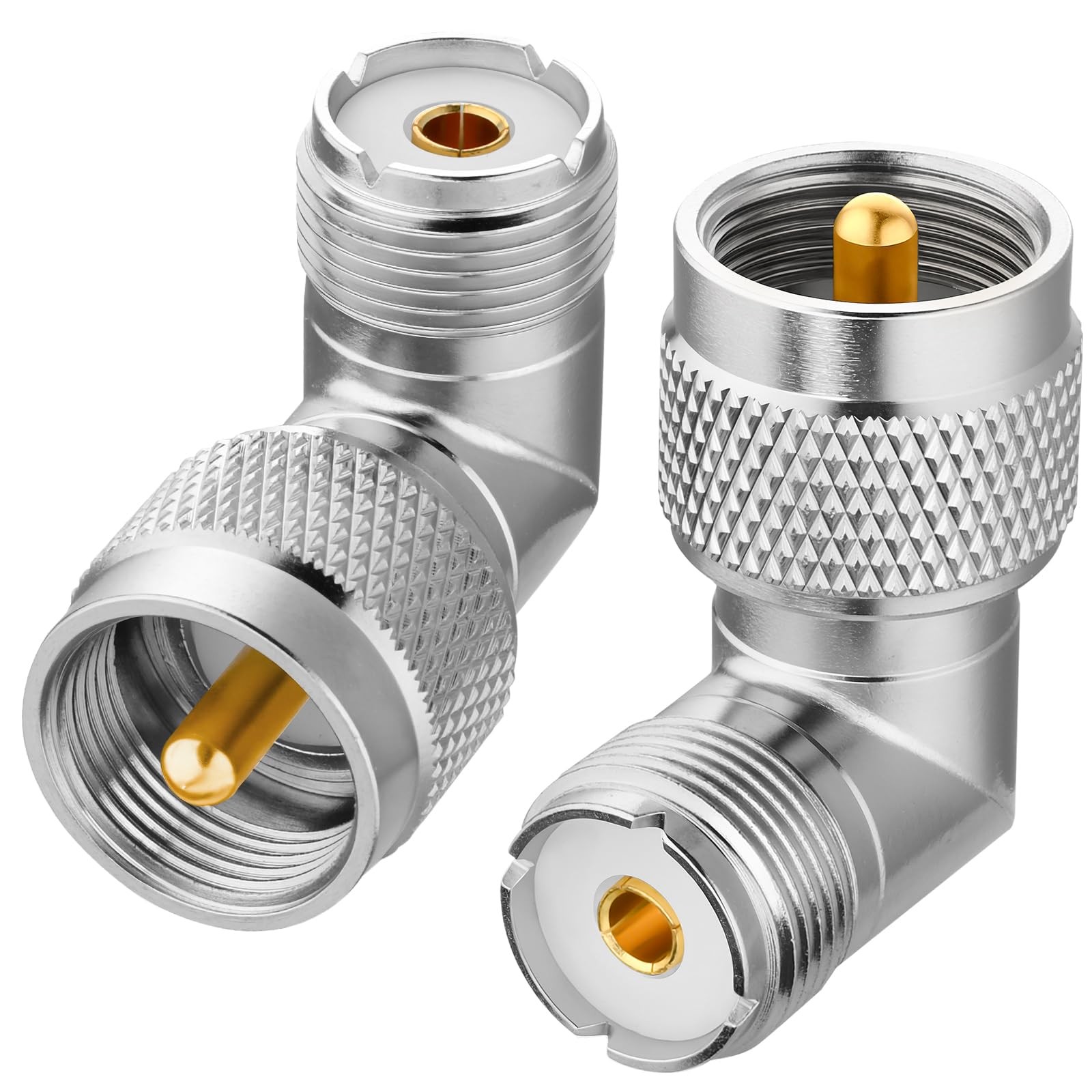RFAdapter PL259 Right Angle, 2 Pack UHF Male to Female Coax 2-Pack, silver