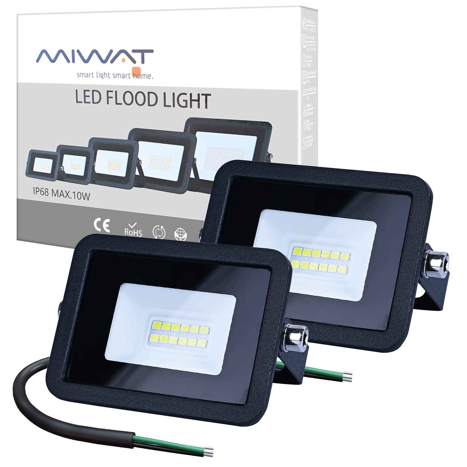 110V 2 Pack 10W LED Flood Light,Cool White, IP68 Waterproof Super Bright Secu...