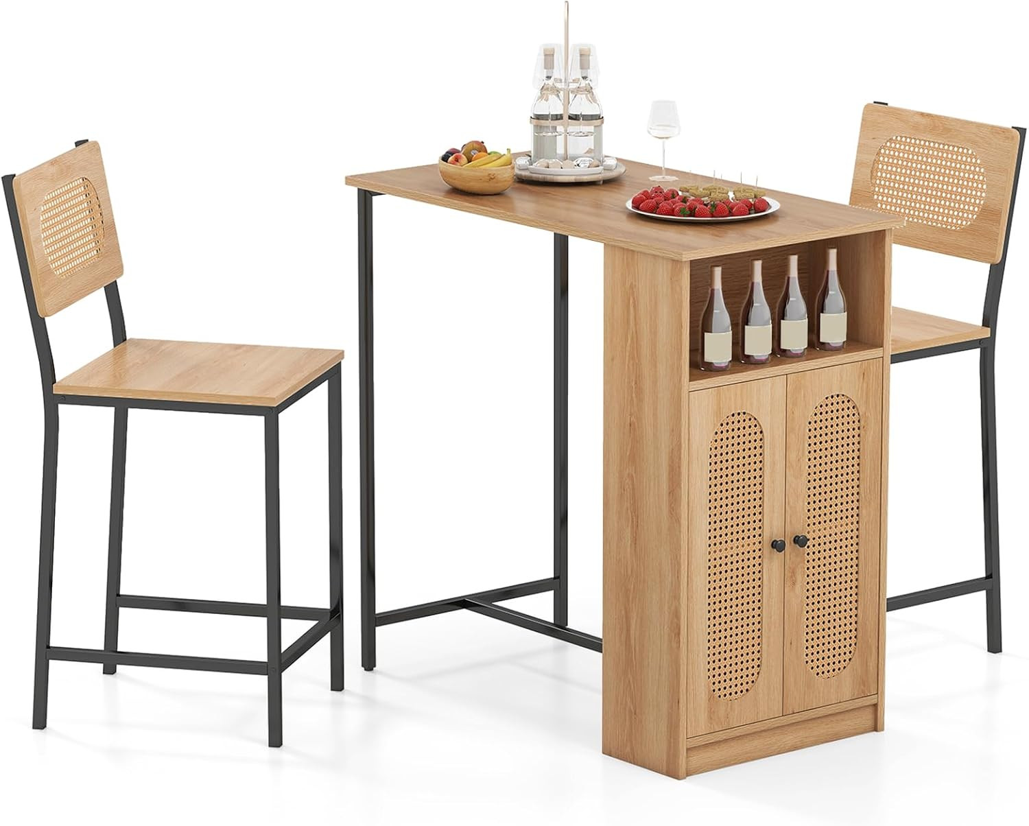 Boho 3-Pc High Top Table & Stools Set with Storage, Metal Frame, Counter Height