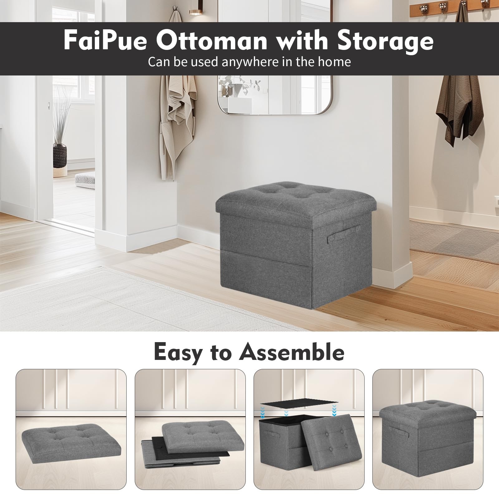 Storage Ottoman. Foot Rest Stool with Thicker Foam Padded Seat. Linen Footsto...