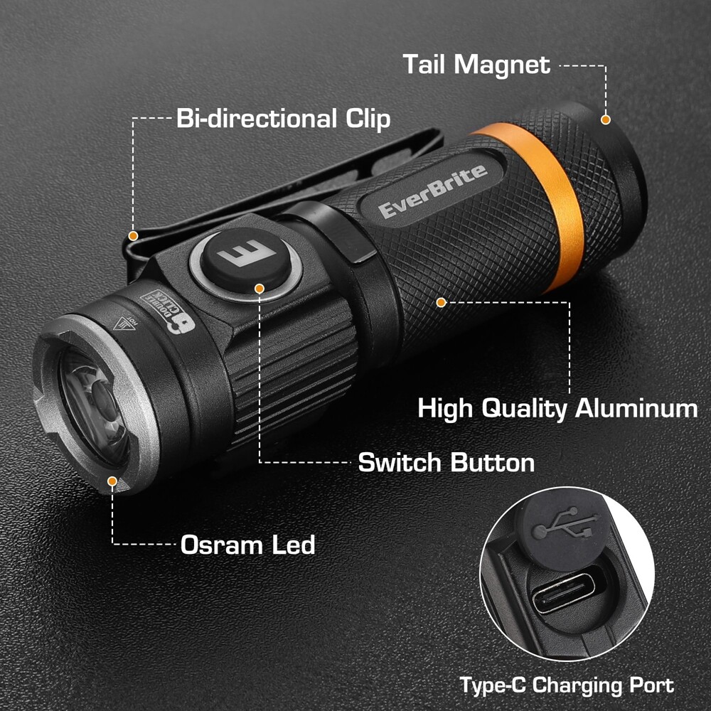 EverBrite 500LM Rechargeable Flashlight 5 Light Modes Magnetic Pocket Flashlight