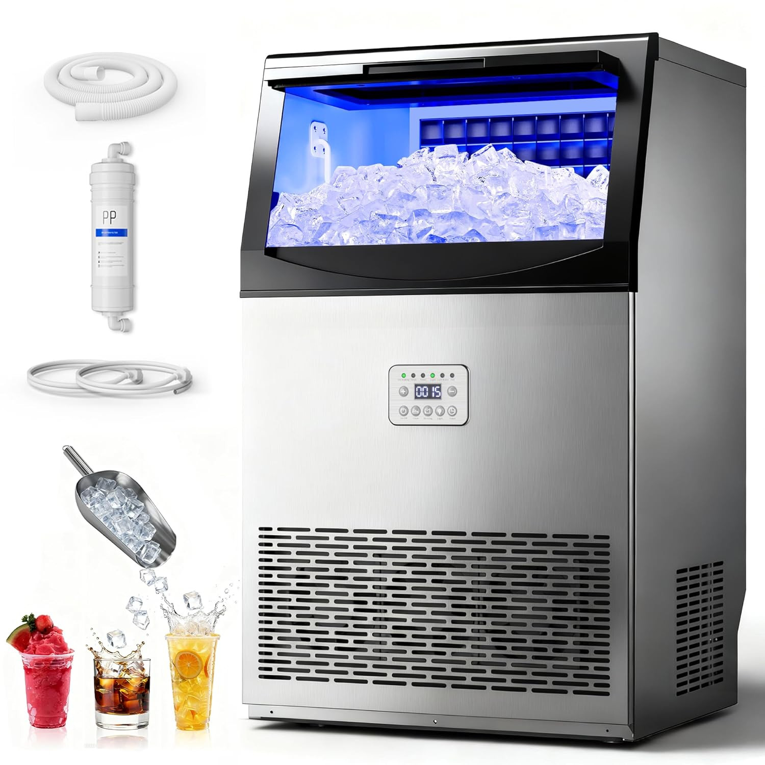 Commercial Ice Maker, 100Lbs/24H Large Ice Machine with 33Lbs Storage Capacity,