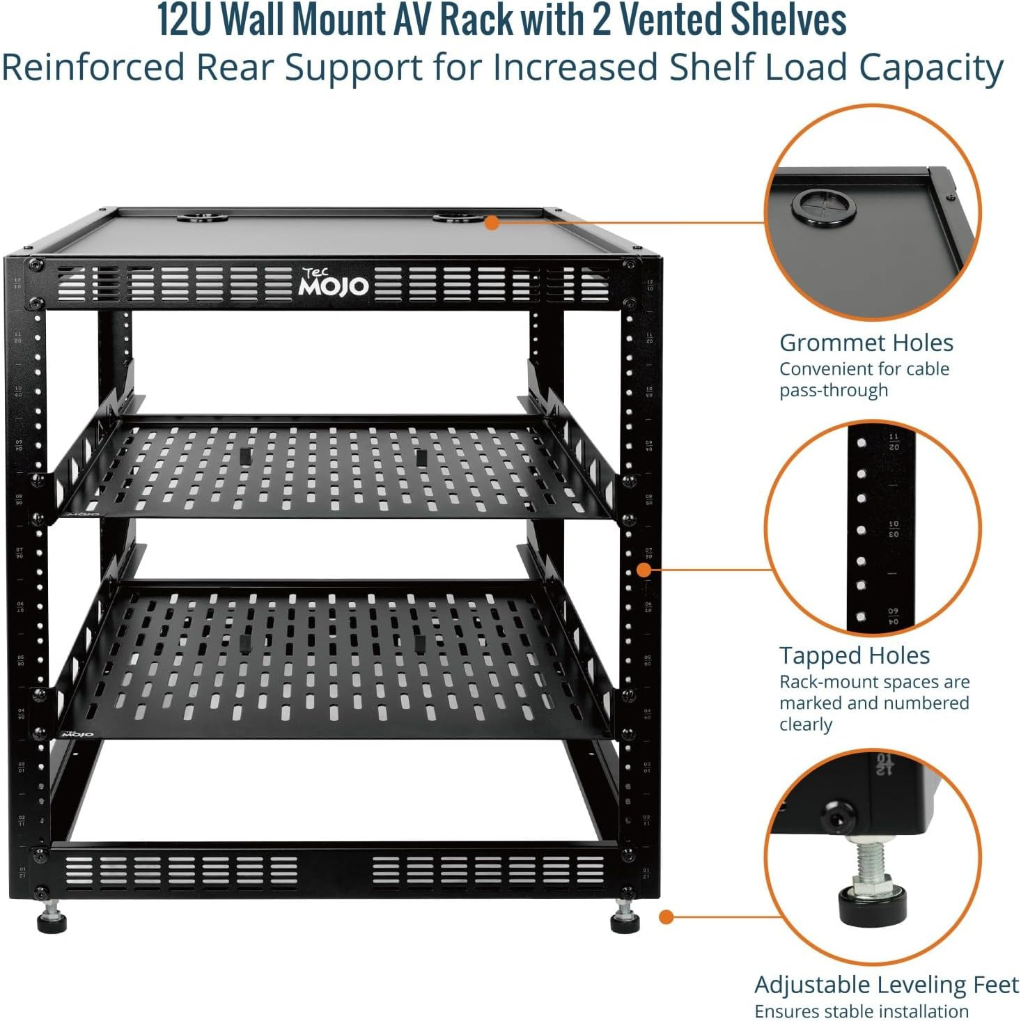 12U Open Frame Network Rack for IT & AV Gear, AV Rack Floor Standing or Wall Mou