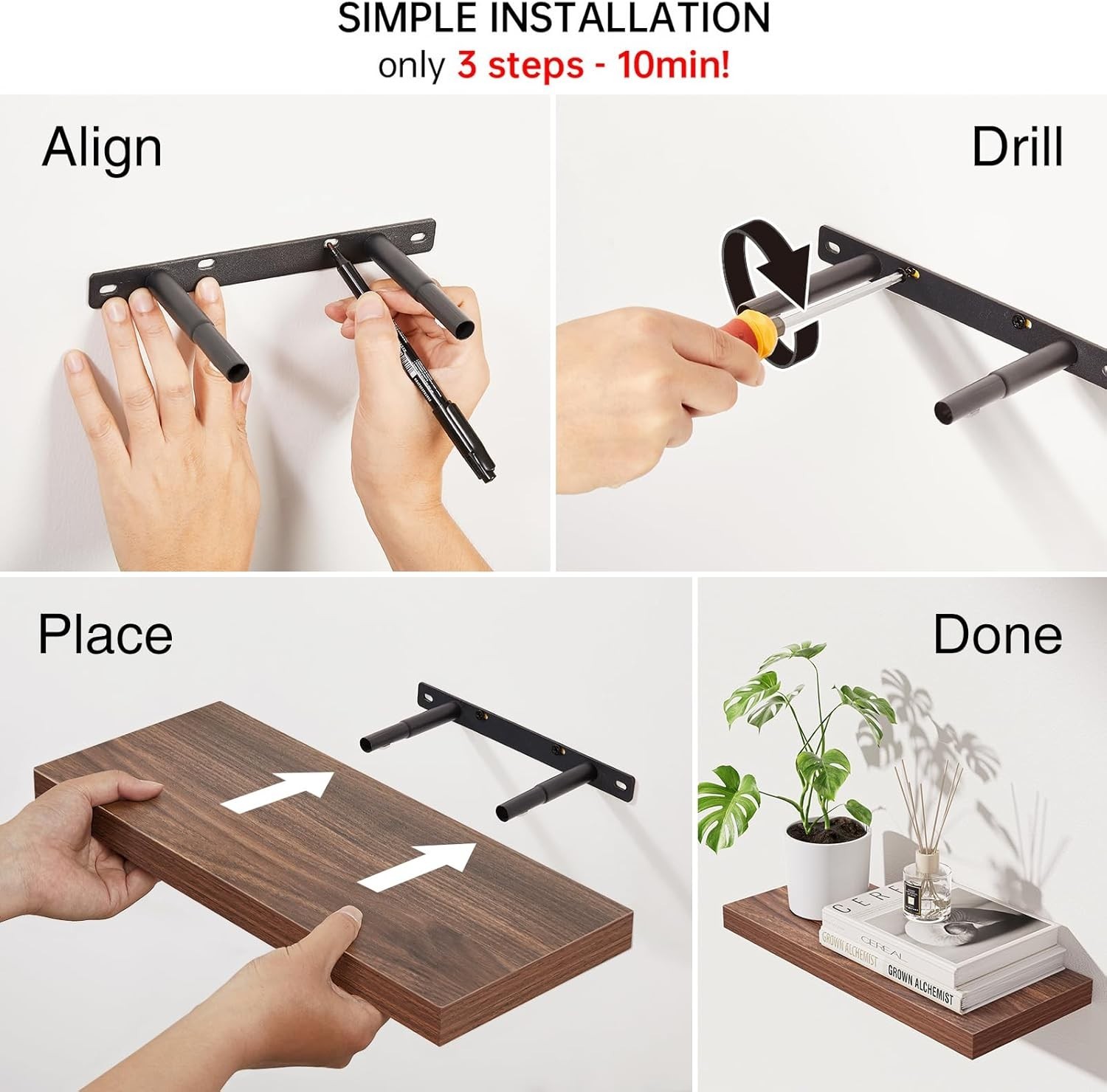 Set of 3 Floating Shelves - Rustic Walnut-Like Wall Mounted Storage Solution