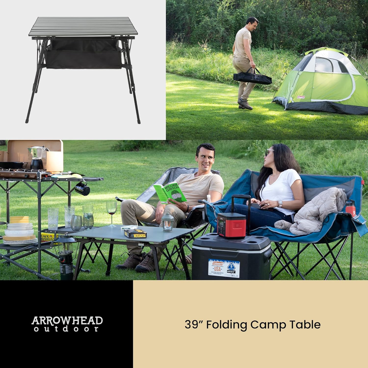 39" Aluminum Folding Camp Roll up Table W/Adjustable Height, Undertable Mesh Sto