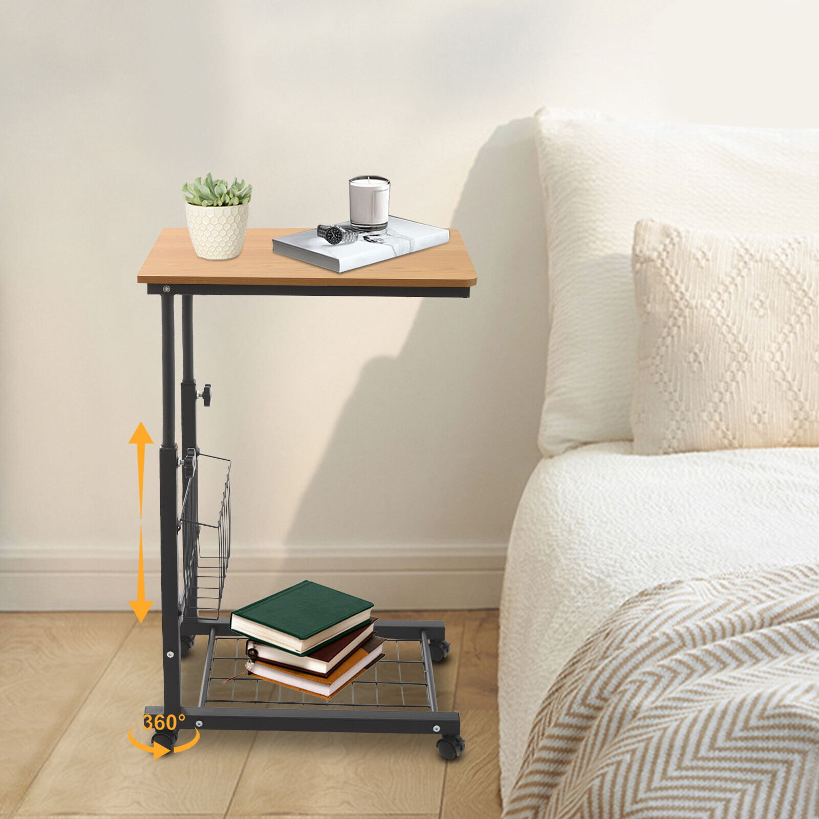 Height Adjustable C-Shaped Teak 2-Tier Bedside Table with Wheels & Brakes
