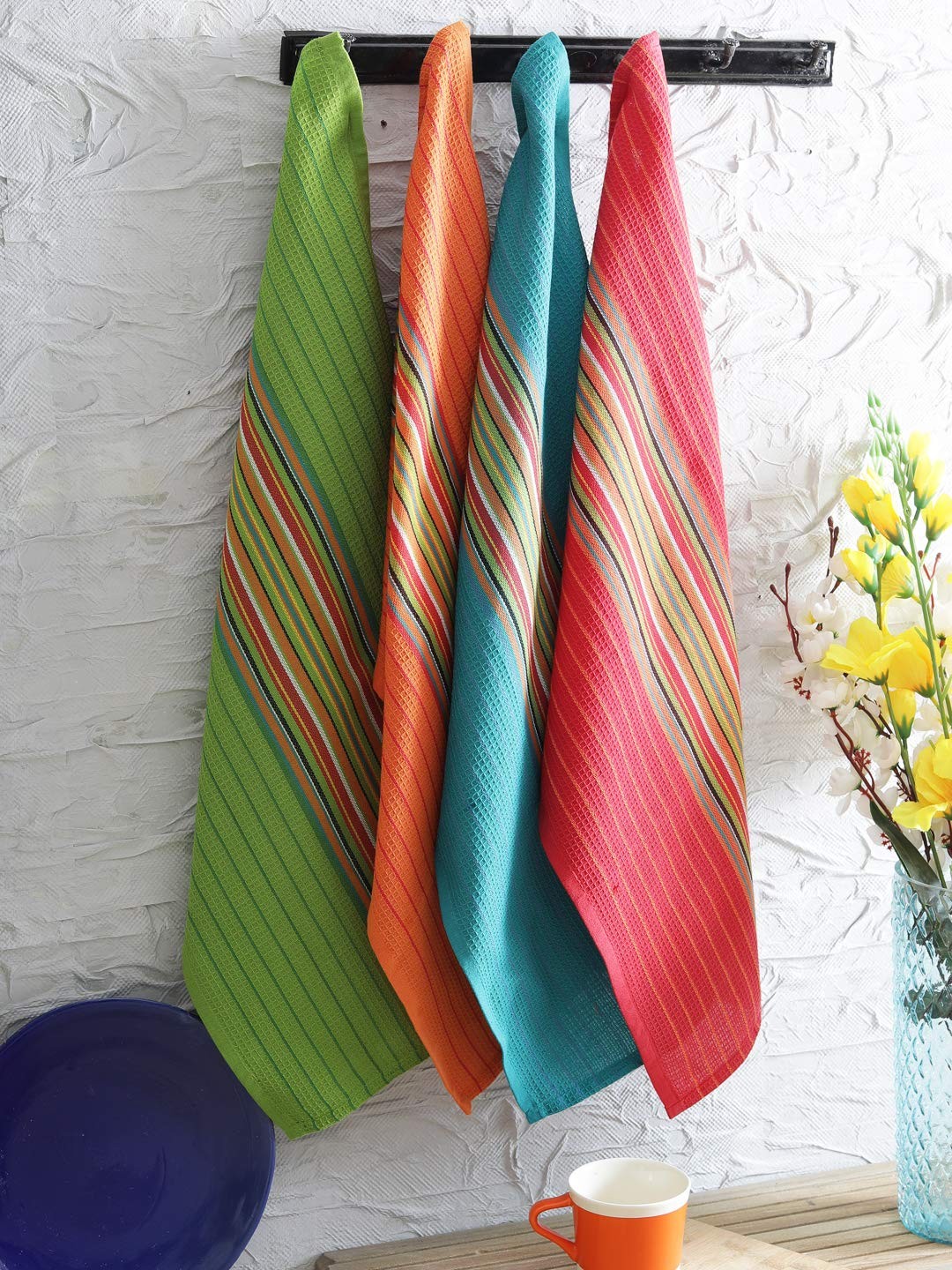 Salsa Stripe Kitchen Dish Towels, 100% Cotton, Highly Absorbent, Multi Purpos...