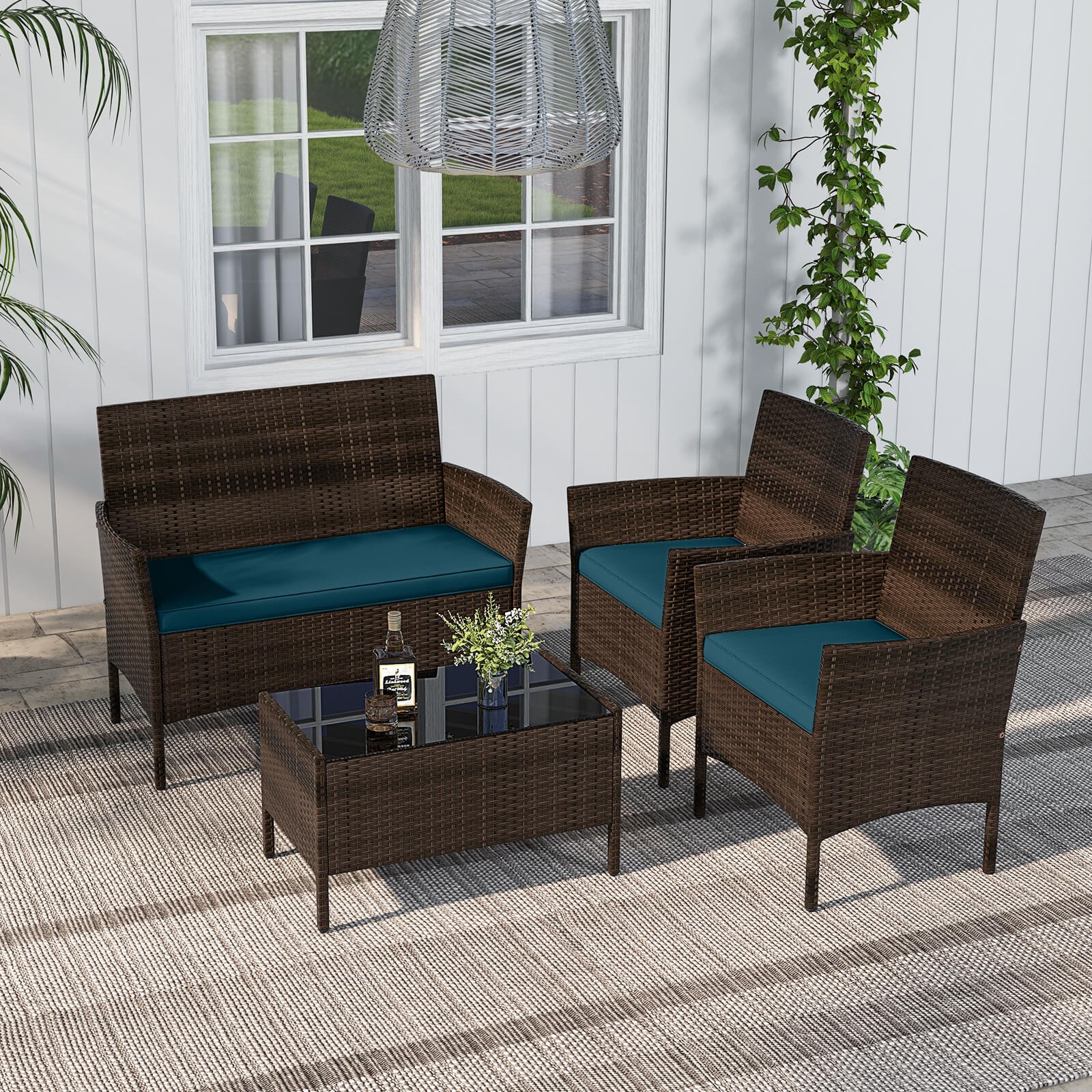 8 PCS Patio Furniture Set w/Washable Cushions and Tempered Glass Coffee Table
