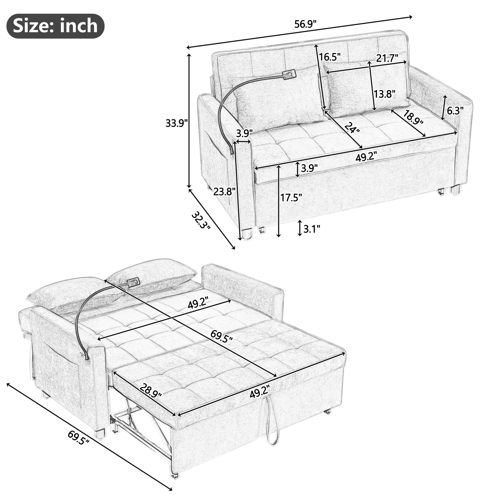 56.9" Loveseat Sofa Pull-out Sofa Bed Sleeper Sofa with a Reversible Backrest