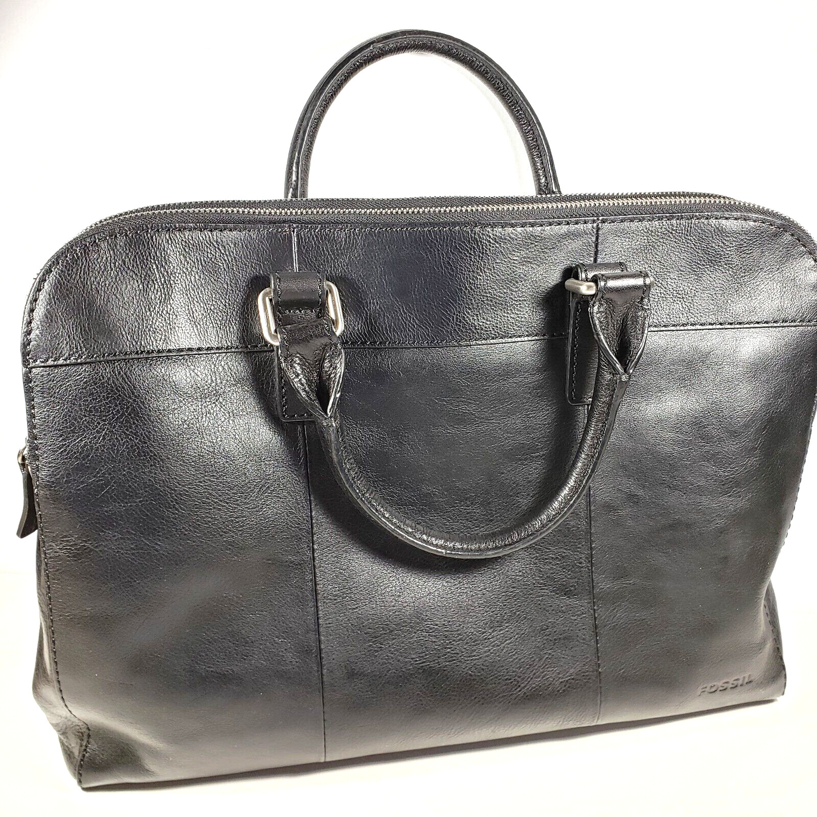 Fossil Double Zip Workbag/Satchel Briefcase Black Leather Many Pockets In & Out