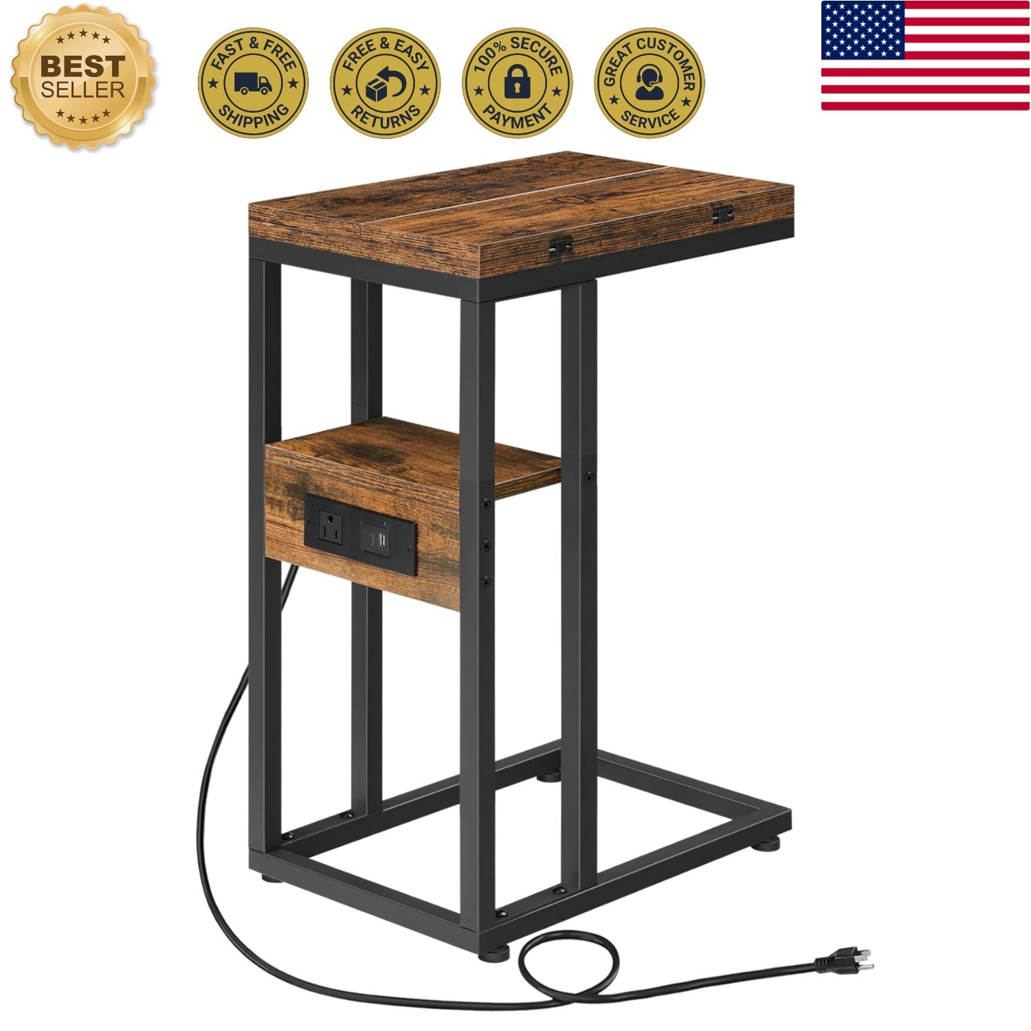 Multi-Functional Rustic C-Shaped Table with Charging Station for Modern Living