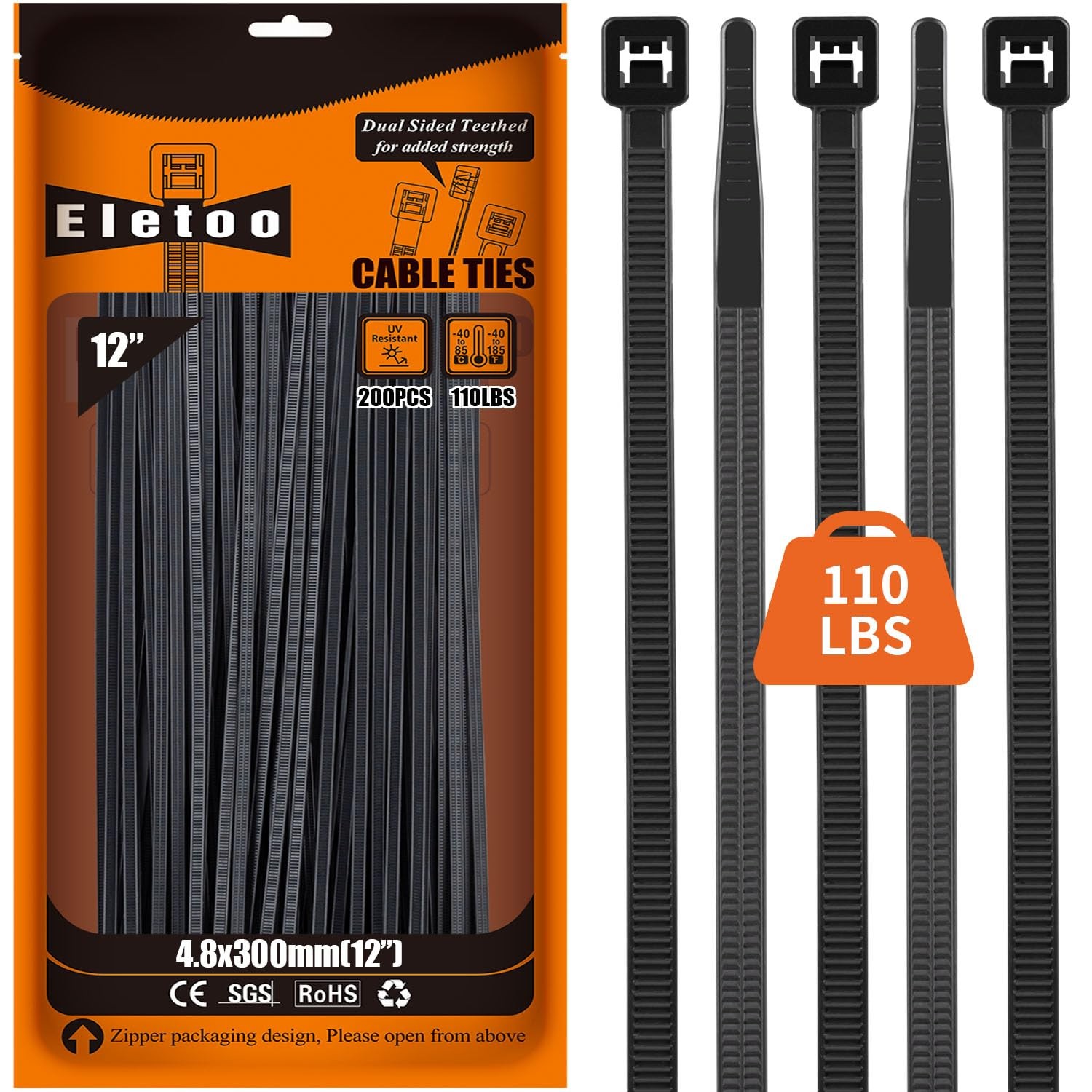 12 Inch Black Zip Ties Heavy Duty 200 Pack,110 LBS Tensile Strength, Self-Loc...