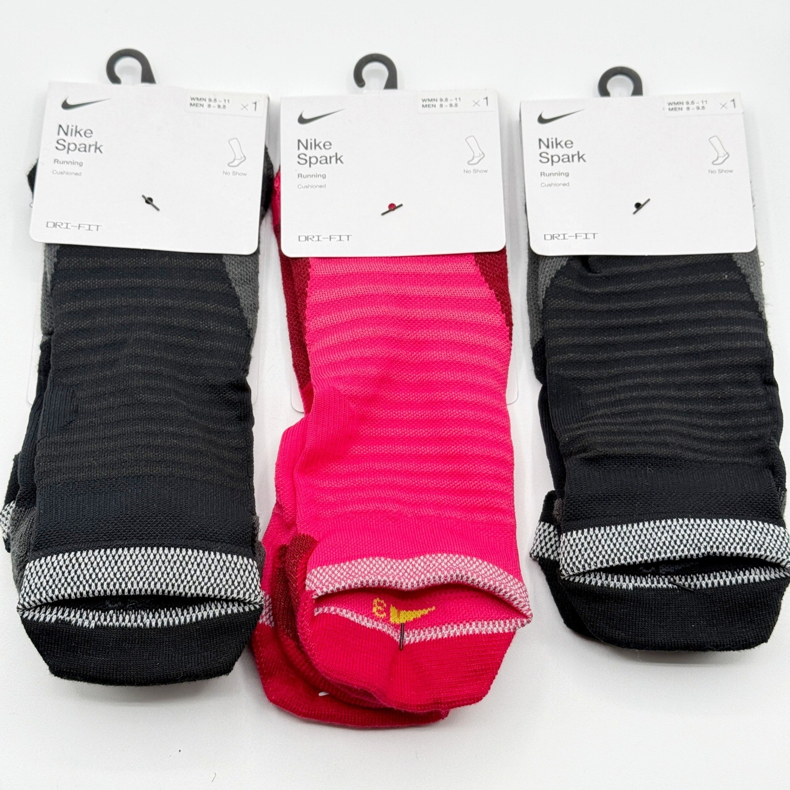 Nike Spark Socks (3 PAIR) No-Show, Cushioned Size 8 - 9.5 Men - 2 Black, 1 Pink