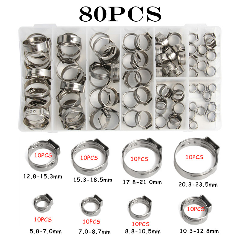 80X 304 Stainless Steel Single Ear Stepless Clamp Assortment Diameter 5.8-23.5mm