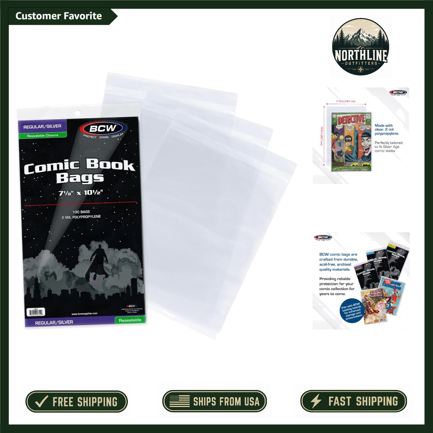 Resealable Silver Age Comic Bags - 100 Pack, Acid-Free Protection 7 1/8 x 10 1/2