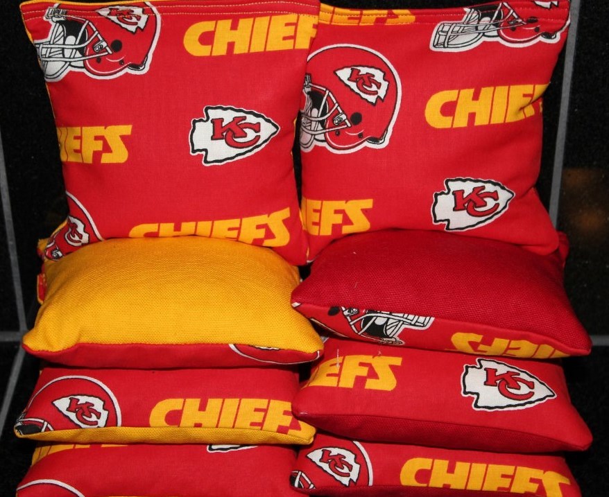 8 All Weather CORNHOLE BEANBAGS made w KANSAS CITY CHIEFS Fabric ACA Reg Bags