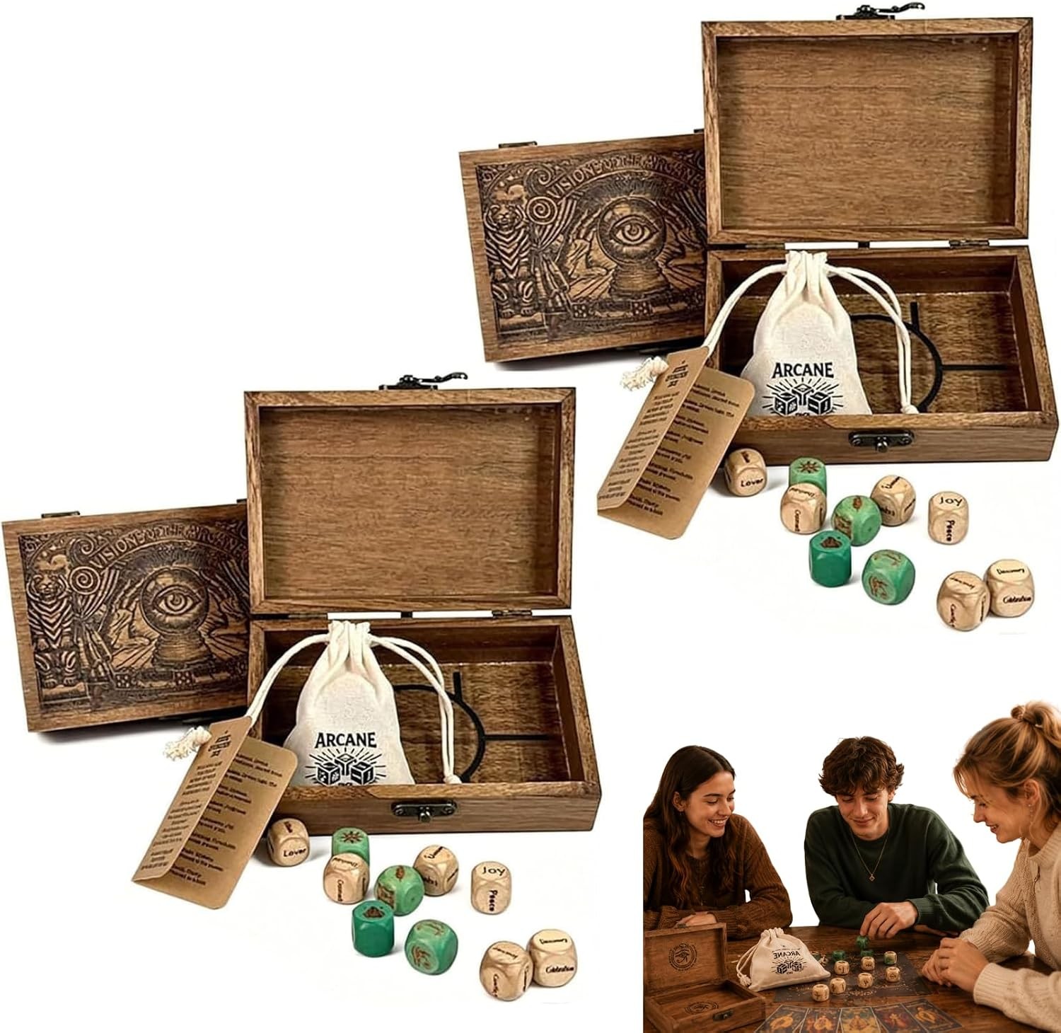 Arcane Divination Dice Set with Engraved Wooden Box, Witchy Oracle Dice